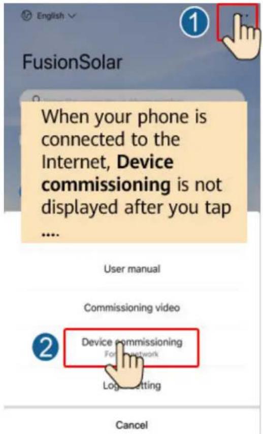 FusionSolar When your phone is connected to the Internet, Device commissioning is not displayed after you tap User manual Commissioning video Device commissioning For network Log Setting Cancel