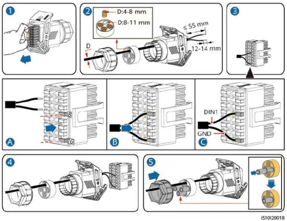 Technical diagram illustrating the assembly steps of a motor or electrical component, labeled 1 to 5 with dimensions and component labels.