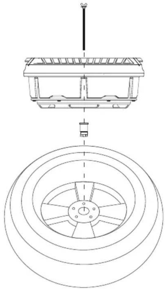 Technical line drawing of a mechanical component with concentric circular features and a suspended shaft (no text or symbols)