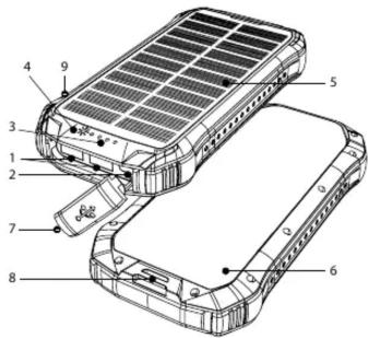 Technical diagram of a mobile phone with numbered components for identification