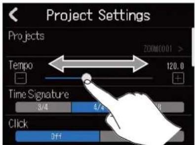 Project Settings Projects ZOOMC001 > Tempo 120.0 + Time Signature 3/4 4/4 Click Off
