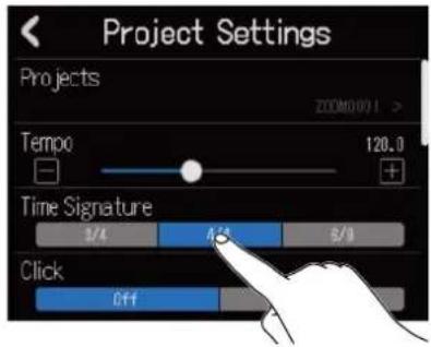 Project Settings Projects ZOOM0091 > Tempo 120.0 + Time Signature 3/4 4/4 5/9 Click Off