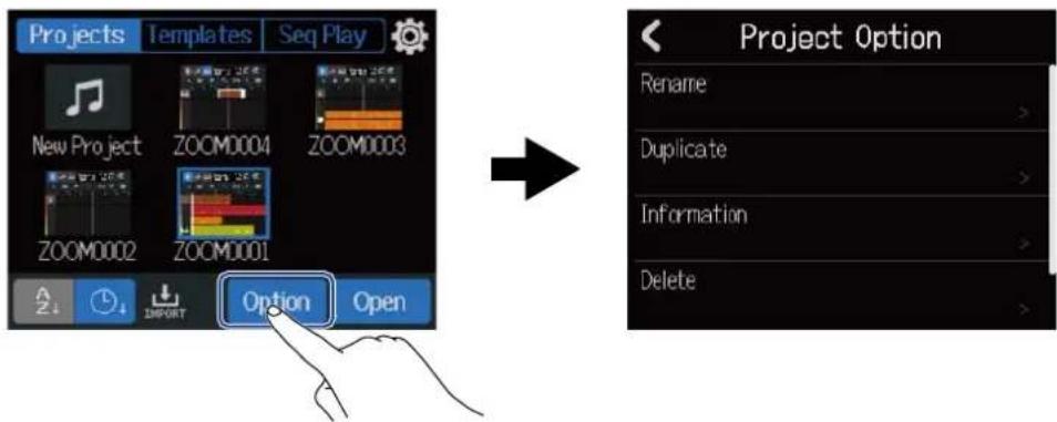 Projects Templates Seq Play New Project ZOOM0004 ZOOM0003 ZOOM0002 ZOOM0001 Option Open Project Option Rename > Duplicate > Information > Delete >