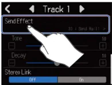 Track 1 Send Effect 35 : Send Hall 1 > Tone 50 Decay 50 Stereo Link Off On
