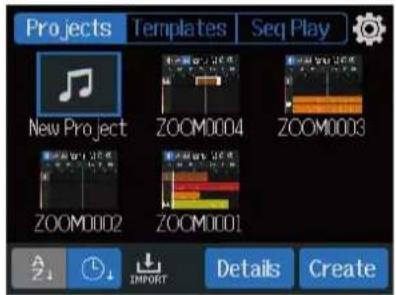 Projects Templates Seq Play New Project ZOOM0004 ZOOM0003 ZOOM0002 ZOOM0001 IMPORT Details Create