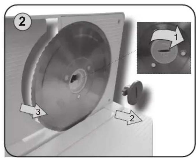 Technical diagram of a mechanical component with numbered parts and an inset showing a dial adjustment mechanism labeled 1 and 2.