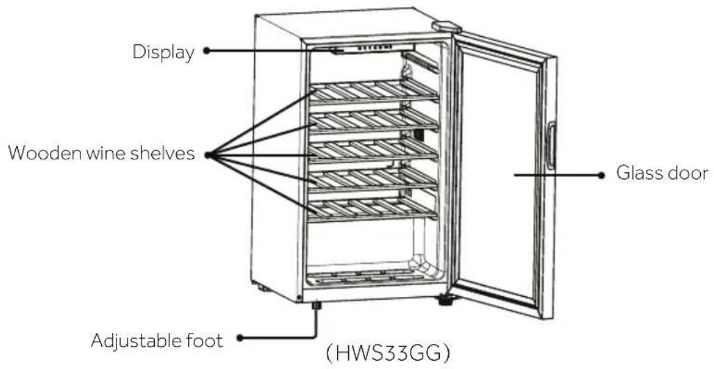 Display Wooden wine shelves Glass door Adjustable foot (HWS33GG)