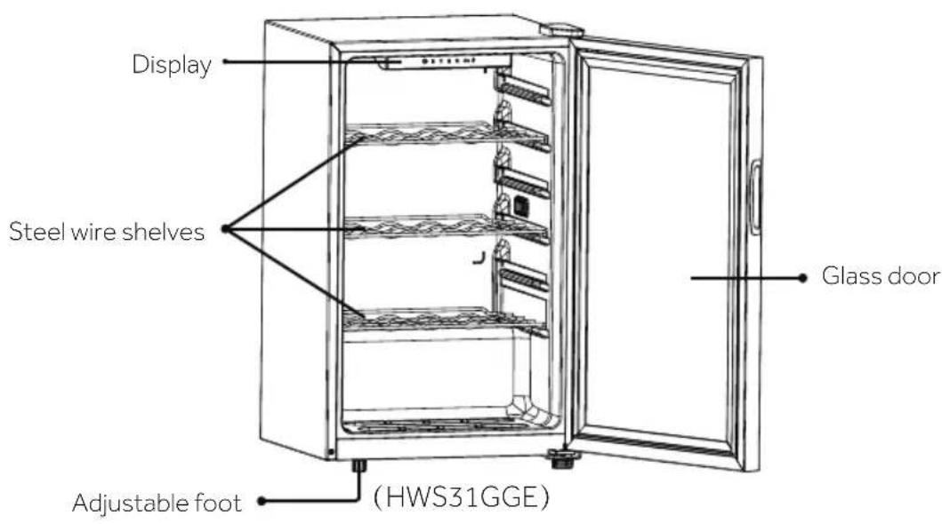 Display Steel wire shelves Glass door Adjustable foot (HWS31GGE)