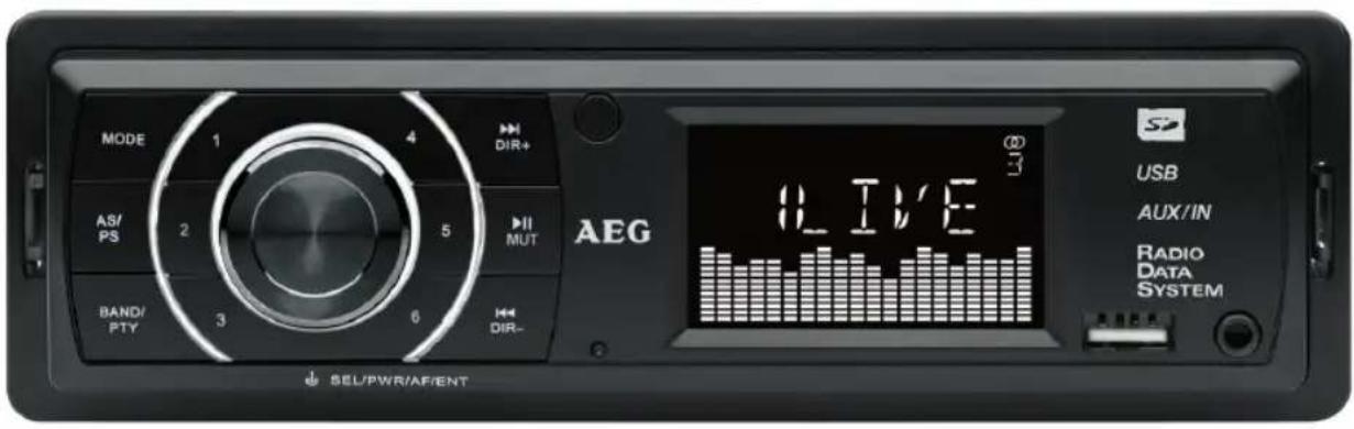 MODE 1 4 DIR+ AS/PS 2 5 MUT BAND/PTY 3 6 DIR- AEG LIVE USB AUX/IN RADIO DATA SYSTEM SEL/PWR/AF/ENT