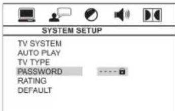 SYSTEM SETUP TV SYSTEM AUTO PLAY TV TYPE PASSWORD RATING DEFAULT