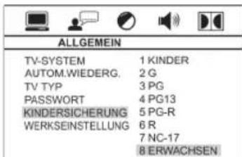 ALLGEMEIN TV-SYSTEM 1 KINDER AUTOM.WIEDERG. 2 G TV TYP 3 PG PASSWORT 4 PG13 KINDERSICHERUNG 5 PG-R WERKSEINSTELLUNG 6 R 7 NC-17 8 ERWACHSEN