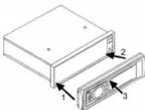 Technical diagram of a device with labeled components, showing front, top, and side views