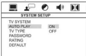 SYSTEM SETUP TV SYSTEM AUTO PLAY ON TV TYPE OFF PASSWORD RATING DEFAULT