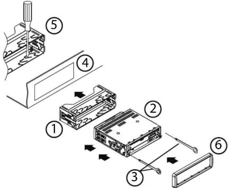 Diagram showing exploded view of a mechanical assembly with numbered components and directional arrows indicating assembly steps.