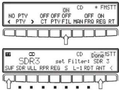 NO PTY ON CD * FMSTT < PTY > OFF OFF OFF OFF ON CT PTY FIL MAN FRQ REG RT SDR3 set Filter: SDR 3 SWF SDR WLL RPR REG S L-1 RDT ANT <