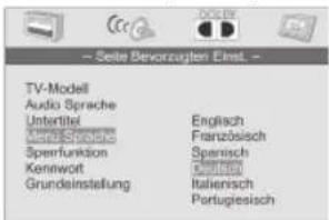 Seite Bevorzugten Einst. - TV-Modell Audio Sprache Untertitel Vermi Sprache Sperfunktion Kenwort Grundeinstellung Englisch Französisch Spanisch Kosten Italienisch Portugiesisch