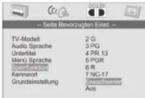 – Seite Bevorzugten Ernst TV-Modell 2 G Audio Sprache 3 PG Untertitel 4 PR 13 Menu Sprache 5 PGR Sportfunktion 6 R Kernwort 7 NC-17 Grundeinstellung Aus