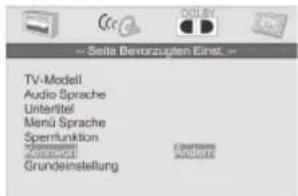 Seite Bevorzugten Einst. TV-Modell Audio Sprache Unteritel Menü Sprache Sperfunktion Konzern Grundeinstellung