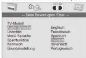 — Siete Bevorzugten Einst — TV-Modell Euro Sprache Untertitel Meng Sprache Spentfunktion Kennwort Grundeinstellung Englisch Französisch Spanisch Düsseldorf Italiensch Portugiesisch