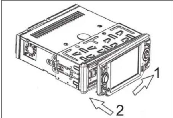 Technical diagram of a computer drive chassis with labeled components and directional arrows indicating assembly or movement.