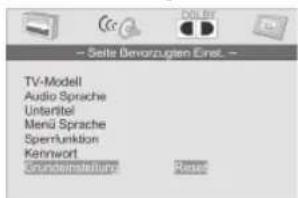 -- Seite Devorzugten Einel. -- TV-Modell Audio Sprache Unteritel Menü Sprache Sperfunktion Kennwort Grundeinstellung: Reset