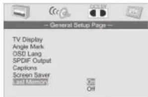 General Setup Page TV Display Angle Mark OSD Lang SPDIF Output Captions Screen Saver SPT100000000 Off