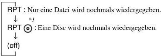 RPT : Nur eine Datei wird nochmals wiedergegeben. ↓ *1 RPT Ⓞ : Eine Disc wird nochmals wiedergegeben. ↓ (off)