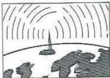 Illustration of a satellite dish emitting signal waves over Earth (no text or symbols)