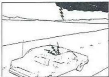 Simple line drawing of a car on a road with a lightning bolt symbol (no text or labels)
