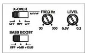 X-OVER MODE OFF HPF LPF FREQ Hz 30 300 LEVEL 5.5V 0.2 BASS BOOST OFF +0dB +12dB