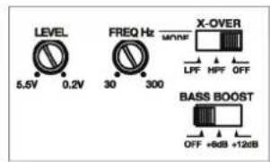 LEVEL 5.5V 0.2V FREQ Hz 30 300 X-OVER MUNF LPF HPF OFF BASS BOOST OFF +6dB +12dB