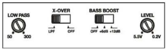 LOW PASS 50 300 X-OVER LPF OFF BASS BOOST OFF +6dB +12dB LEVEL 5.5V 0.2V