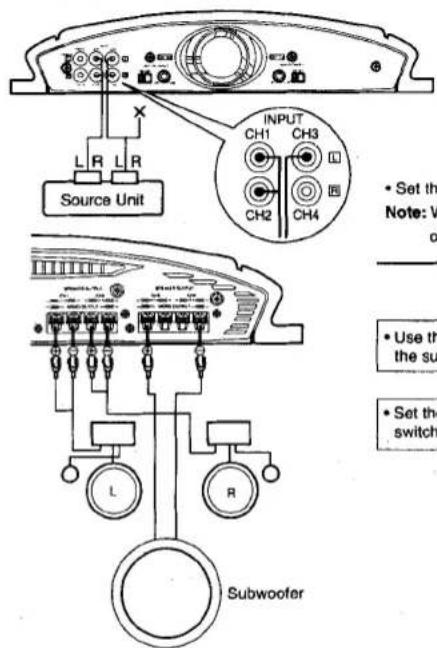 L R L R Source Unit INPUT CH1 CH3 CH2 CH4 Subwoofer • Set the Note: V • Use the the su • Set the switch