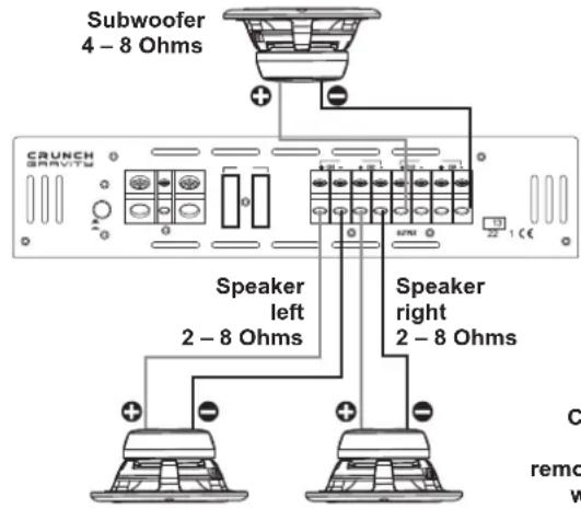 Crunch GTX4600 - EXAMPLE 3-Channel Mode: 1 x Stereo System & 1 x Mono Subwoofer bridged - 1