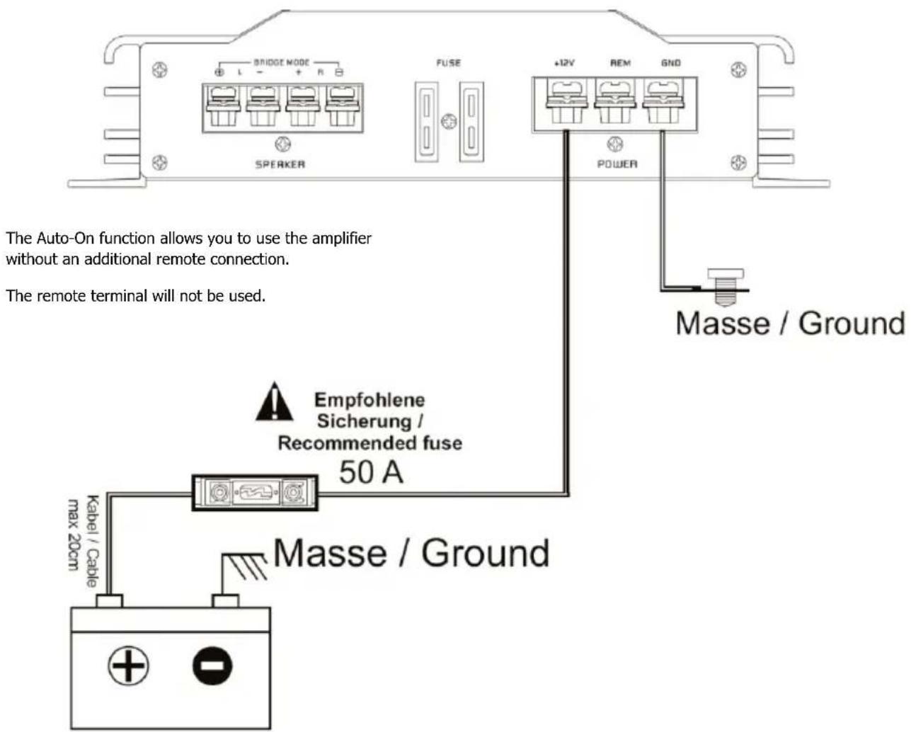 BRIDGE MODE + - + - R FUSE +12V REM GND SPEAKER POWER Masse / Ground The Auto-On function allows you to use the amplifier without an additional remote connection. The remote terminal will not be used. Empfohlene Sicherung / Recommended fuse 50 A Kabel / Cable max 20cm Masse / Ground