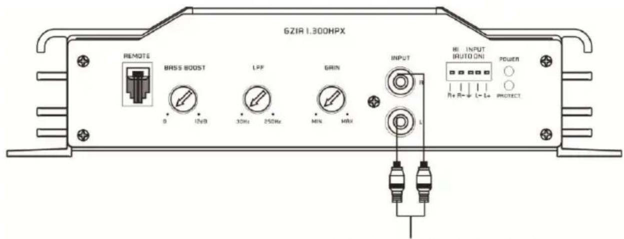 6ZIR 1.300HPX REMOTE BASS BOOST LPP GRIN INPUT HI INPUT (AUTO ONI) POWER 0 10dB 30Hz 250Hz MIN MAX R R+ R-↓ L- L+ PROTECT