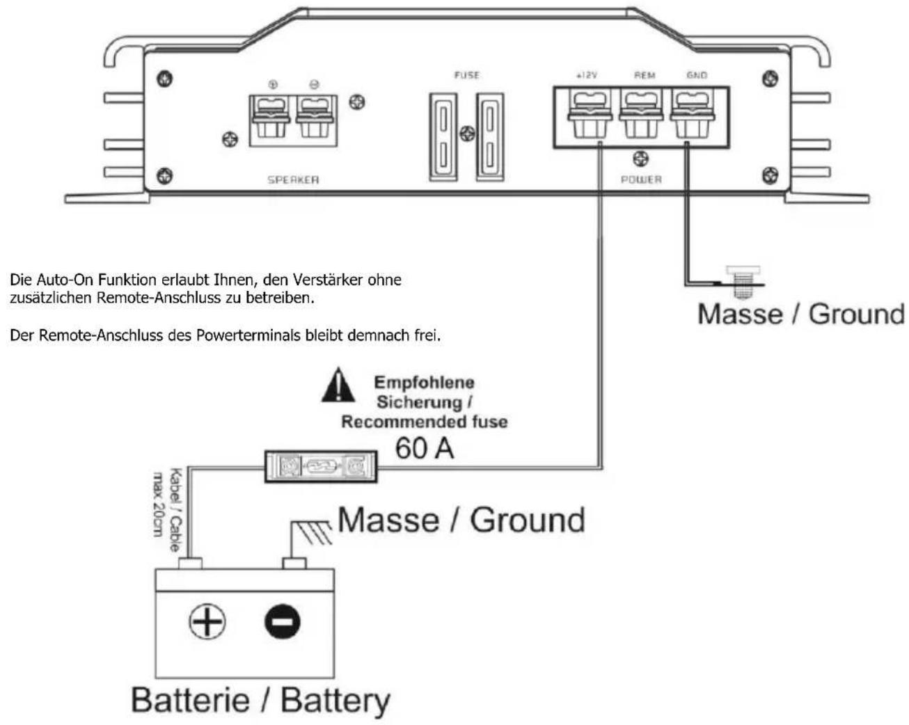 Die Auto-On Funktion erlaubt Ihnen, den Verstärker ohne zusätzlichen Remote-Anschluss zu betreiben. Der Remote-Anschluss des Powerterminals bleibt demnach frei. Masse / Ground Empfohlene Sicherung / Recommended fuse 60 A Kabel / Cable max 20cm Masse / Ground Batterie / Battery