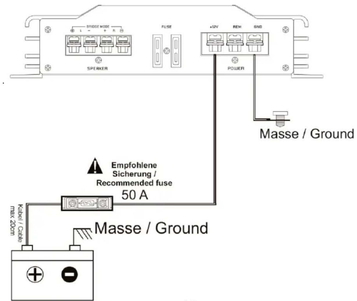 BRIDGE MODE + - + - FUSE +12V REM SND SPERKER POWER Masse / Ground Empfohlene Sicherung / Recommended fuse 50 A Kabel / Cable max 20cm Masse / Ground