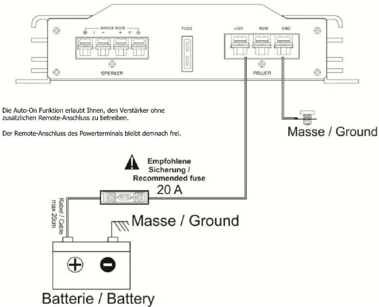 BRIDGE MODE L - + R SPEAKER FUSE +12V REM GND POWER Masse / Ground Die Auto-On Funktion erlaubt Ihnen, den Verstärker ohne zusätzlichen Remote-Anschluss zu betreiben. Der Remote-Anschluss des Powerterminals bleibt demnach frei. Empfohlene Sicherung / Recommended fuse 20 A Kabel / Cable max 20cm Masse / Ground Batterie / Battery