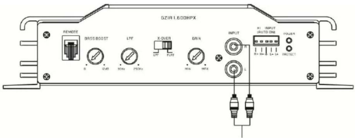 GZIR 1.600HPX REMOTE BASS BOOST LPF X-OVER GRIN INPUT R1 INPUT AUTO ONI POWER 8 12dB 30Hz 25GHz LPF FRAT MIN MRE L PROTECT