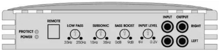 REMOTE PROTECT ○ POWER ○ 35Hz 250Hz 15Hz 35Hz 0dB 9dB 6V 0.2V INPUT OUTPUT RIGHT LEFT INPUT OUTPUT