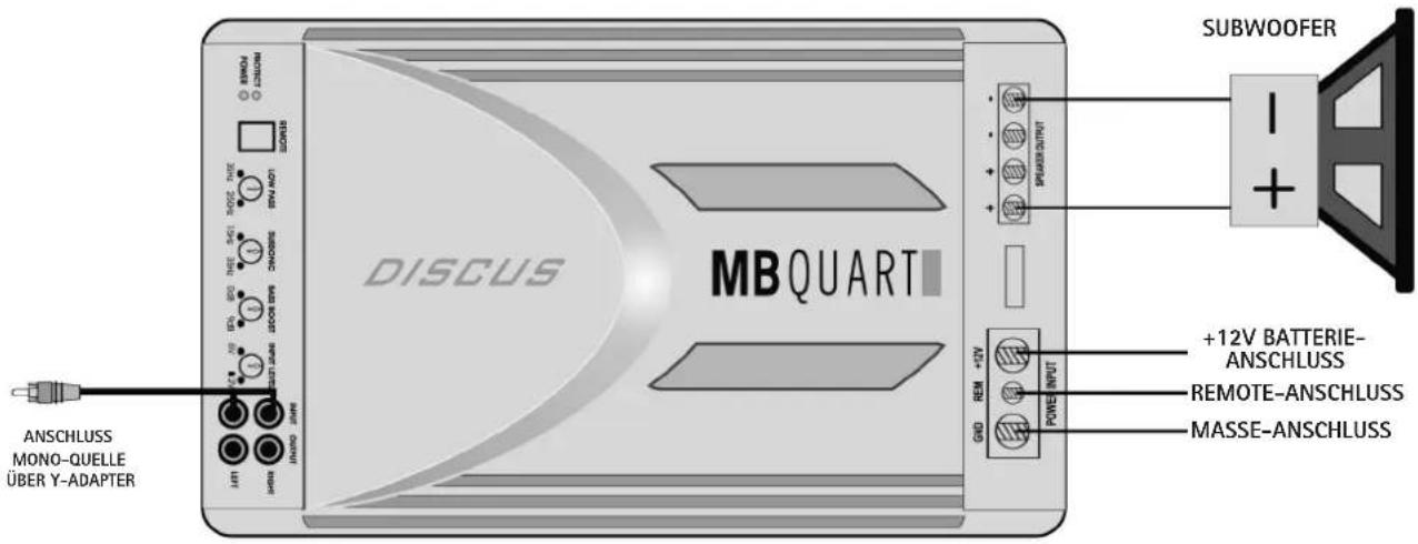 DISCUS MB QUART ANSCHLUSS MONO-QUELLE ÜBER Y-ADAPTER SUBWOOFER - + +12V BATTERIE- ANSCHLUSS REMOTE-ANSCHLUSS MASSE-ANSCHLUSS