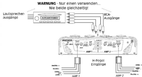 WARNUNG - Nur einen verwenden... Nie beide gleichzeitig! Lautsprecher- ausgänge AUTGARCISGERAT RCA- Ausgänge HICKER AMP 1 AMP 2 H-Pegel Eingänge AMP 1 AMP 2 Unke + Unke - Unke + Unke + Unke +