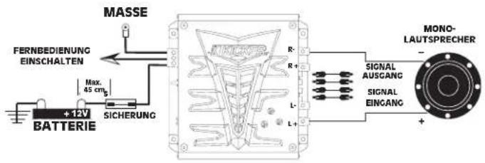 MASSE FERNBEDIENUNG EINSCHALTEN Max. 45 cm SICHERUNG BATTERIE NICKMER R- R+ L- L+ MONO- LAUTSPRECHER - SIGNAL AUSGANG SIGNAL EINGANG +