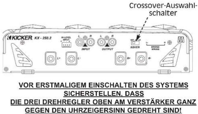 Crossover-Auswahl- schalter KICKER, KX - 250.2 H-LEVEL INPUT L R R L R OUTPUT XOVER L' BRIDGE WING VOR ERSTMALIGEM EINSCHALTEN DES SYSTEMS SICHERSTELLEN, DASS DIE DREI DREHREGLER OBEN AM VERSTÄRKER GANZ GEGEN DEN UHRZEIGERSINN GEDREHT SIND!