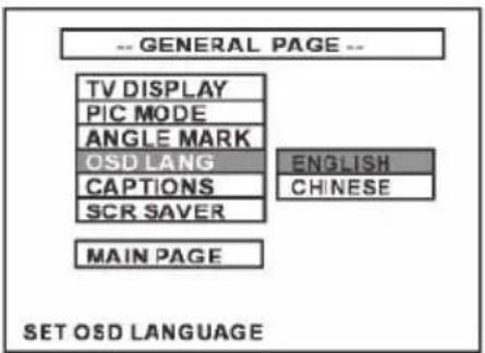 -- GENERAL PAGE -- TV DISPLAY PIC MODE ANGLE MARK OSD LANG CAPTIONS SCR SAVER MAIN PAGE ENGLISH CHINESE SET OSD LANGUAGE