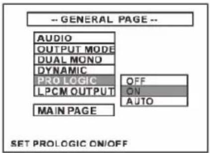 -- GENERAL PAGE -- AUDIO OUTPUT MODE DUAL MONO DYNAMIC PRO LOGIC OFF LPCM OUTPUT ON AUTO MAIN PAGE SET PROLOGIC ON/OFF