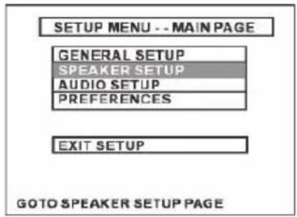 SETUP MENU -- MAIN PAGE GENERAL SETUP SPEAKER SETUP AUDIO SETUP PREFERENCES EXIT SETUP GOTO SPEAKER SETUP PAGE