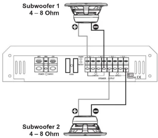 ESX SE 460 - ANSCHLUSSBEISPIEL: 2-Kanal-Modus Mono 2 Subwoofer gebrückt - 1