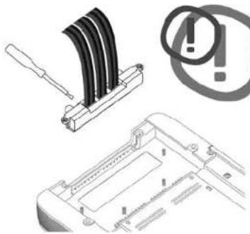 Technical illustration of a device with a cable clip, warning symbol, and exploded view (no text or labels)